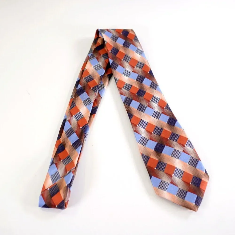 Van Heusen‎ Orange Blue Woven Check Plaid Lyocell Silk Tie